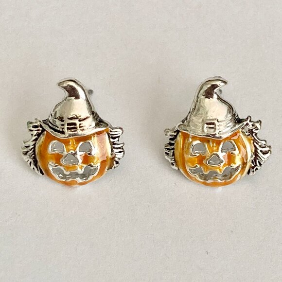 Vintage Jack O Lantern Pumpkin Post Stud Earrings Orange Halloween Scarecrow - Picture 6 of 10